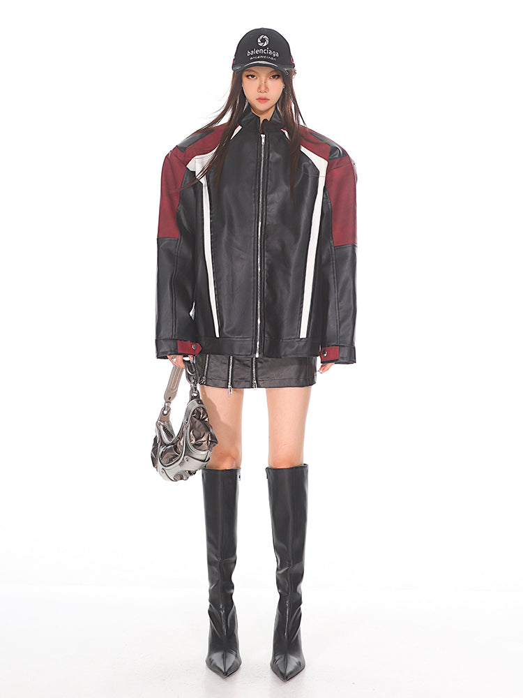 【24s Sep.】Black and Red Contrast Leather Motorcycle Jacket