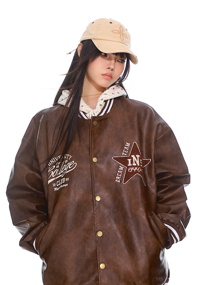 【24s Nov.】American Retro Baseball Star Patch Leather Jacket ArtsKoreanMan