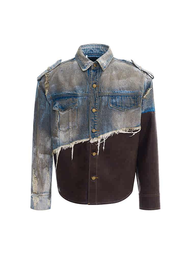 【24s Oct.】Vintage Distressed Patchwork Leather Denim Jacket