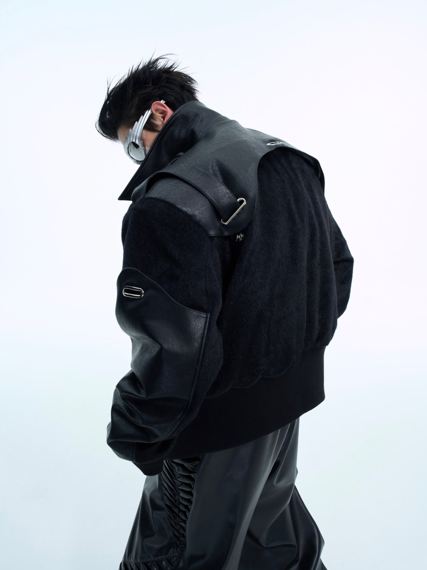 【24s Nov.】Deconstructed Double-layered Mecha PU Leather Patchwork Woolen Short Jacket