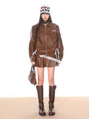 【24s Oct.】Niche Retro Bow Lapel Leather Jacket + Leather Skirt ArtsKoreanMan