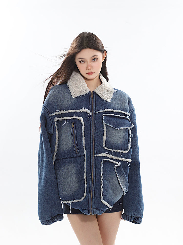 【23s January.】Distressed Washed Denim and Lambswool Jacket