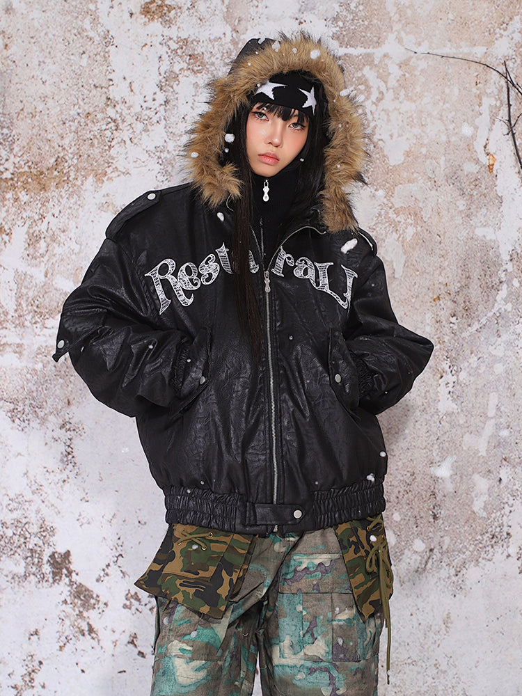 【24s Nov.】Fur Collar Leather Hooded Lace Lettering Cotton Jacket ArtsKoreanMan