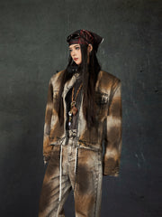 【25s Mar.】Distressed Wash Spray Paint Flared Denim Pants and Jacket Set