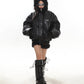 【23s December.】Plush Paneled PU Leather Hooded Jacket