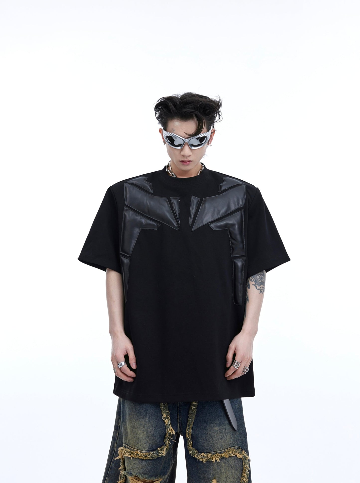 【24s April.】3D Embossed PU Leather Patchwork T-shirt