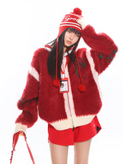 【25s Jan.】Christmas Red and White Stitching Embroidered Hooded Sweater