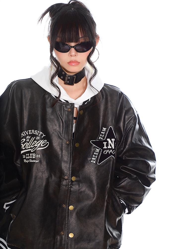 【24s Nov.】American Retro Baseball Star Patch Leather Jacket ArtsKoreanMan