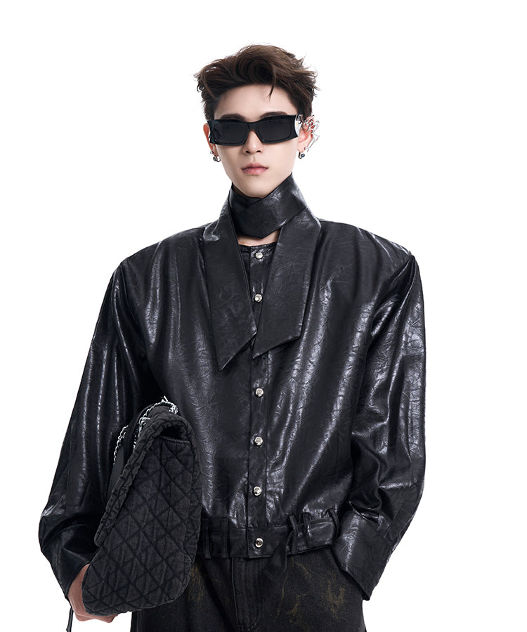 【24s Oct.】Niche Deconstructed Bow Tie Design Leather Shirt