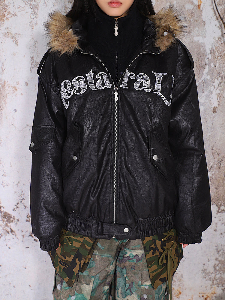 【24s Nov.】Fur Collar Leather Hooded Lace Lettering Cotton Jacket ArtsKoreanMan