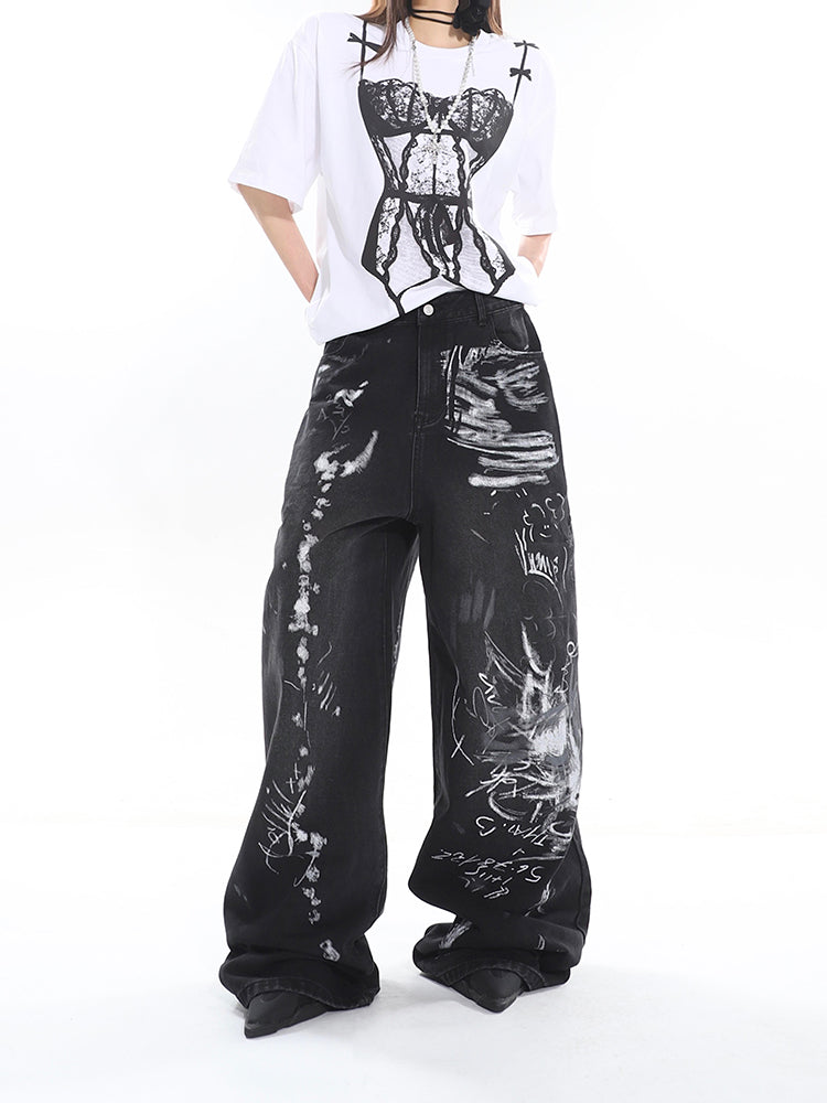 【24s April.】Hand-painted Distressed Graffiti Baggy Jeans ArtsKoreanMan