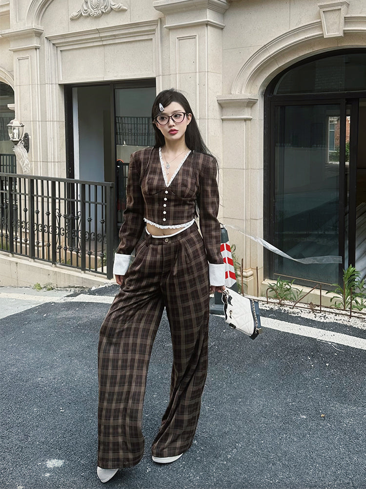 【24s Sep.】Retro Plaid Vest Waistcoat Casual Wide Leg Pants Set TrendyStyle101