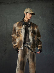 【25s Mar.】Distressed Wash Spray Paint Flared Denim Pants and Jacket Set