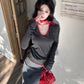 【25s Feb.】V-neck Red and Grey Contrast Striped Top