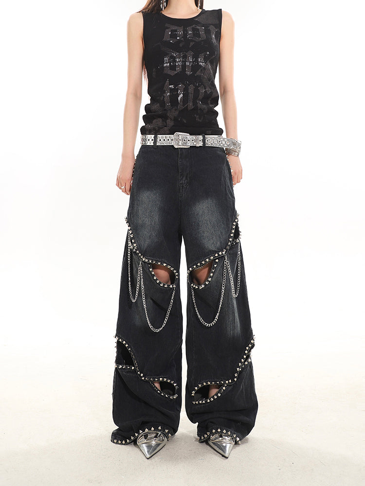 【24s February.】Metal Rivet Chain Cutout Jeans