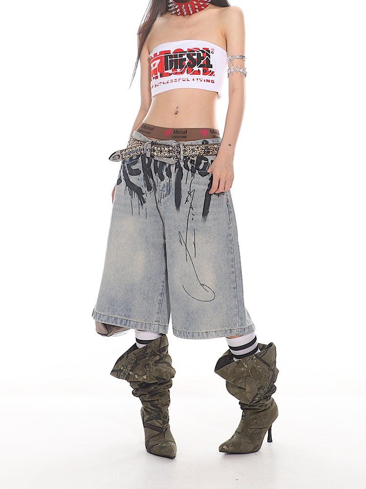 【24s Aug.】Niche High-end Graffiti Letter Denim Shorts