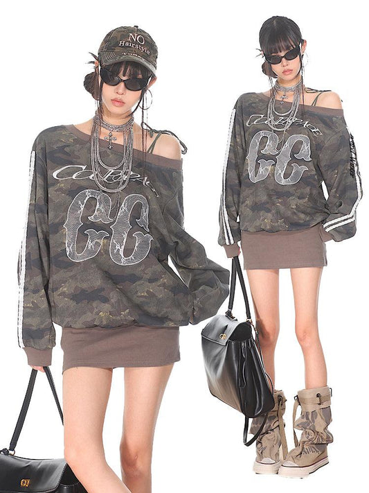 【24s Sep.】Lace Embroidered Off-shoulder Lace-up Camouflage Jersey