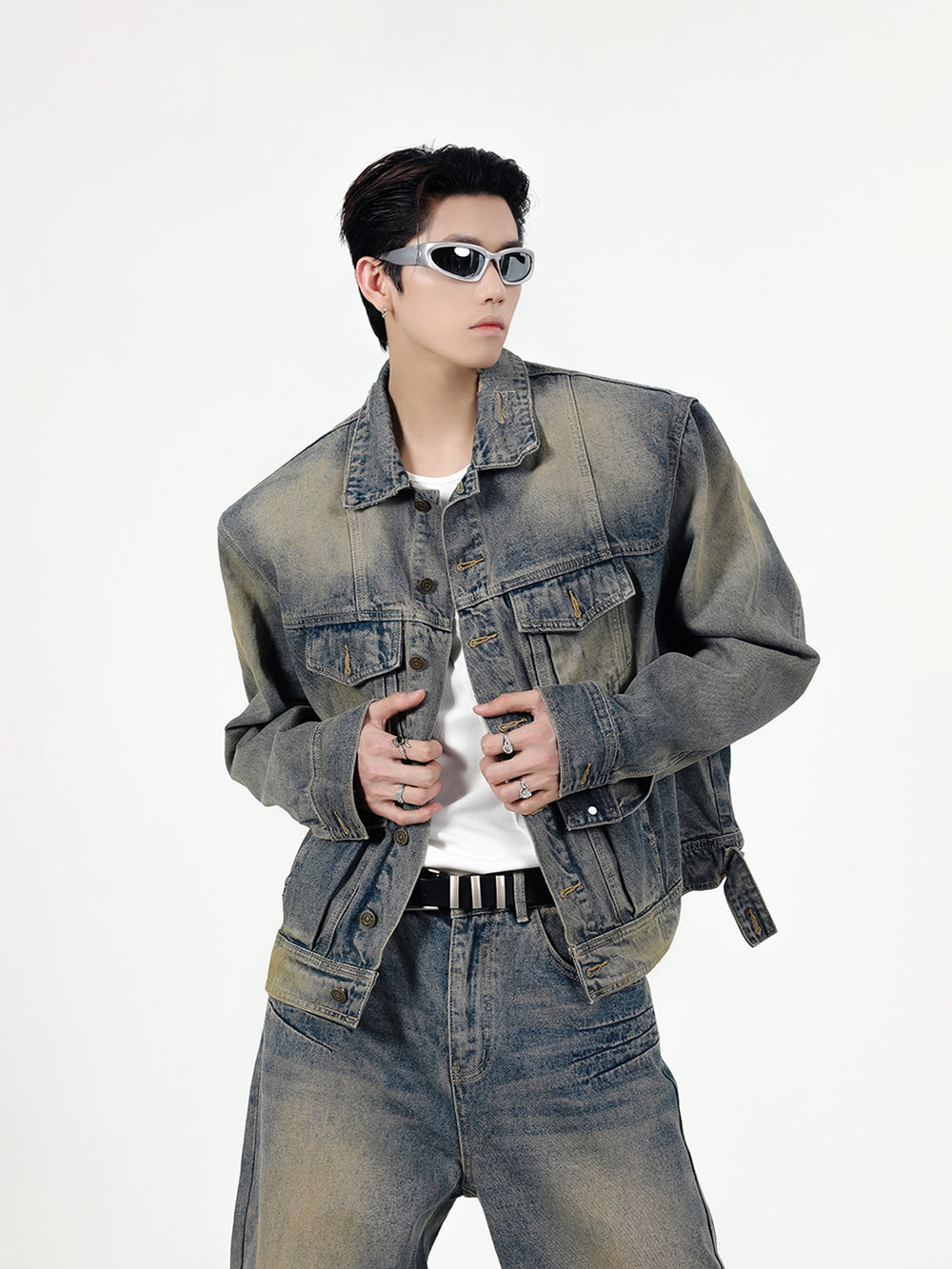 【24s Sep.】Retro Simple Padded Shoulder Denim Jacket Suit ArtsKoreanMan