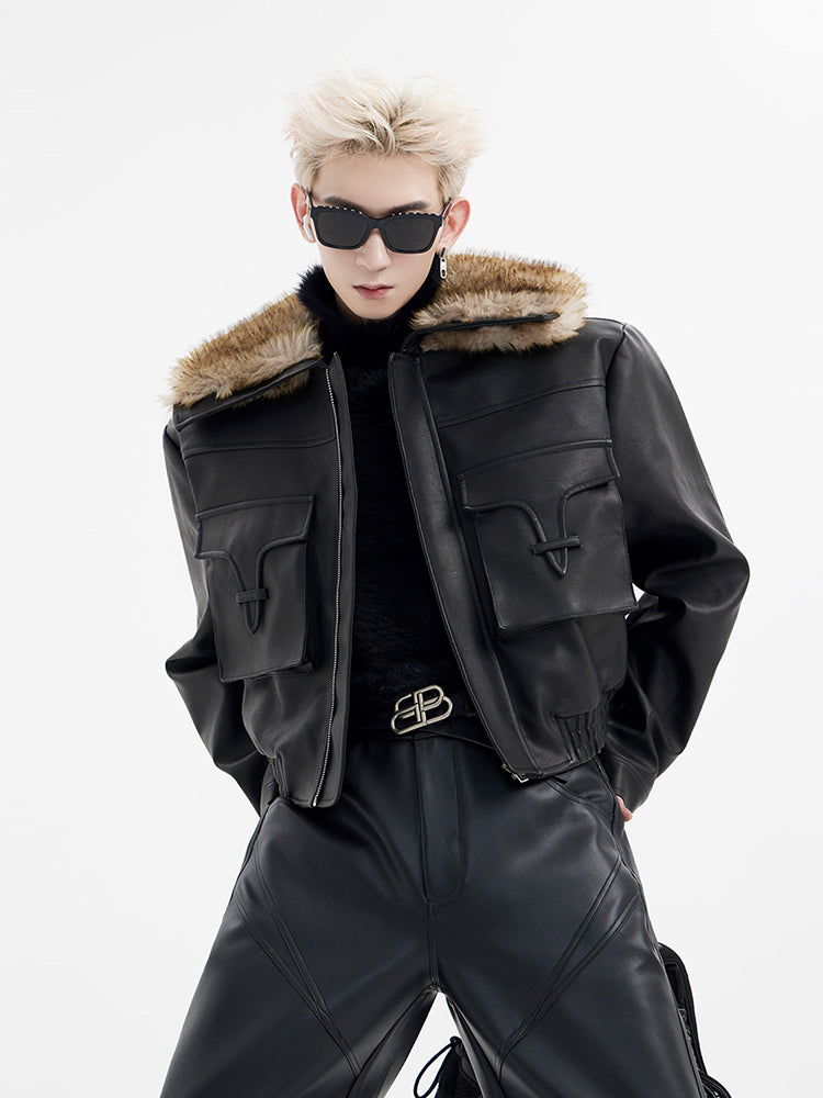 【24s January.】Ultra Short Pocket Leather Biker Fur Collar Jacket