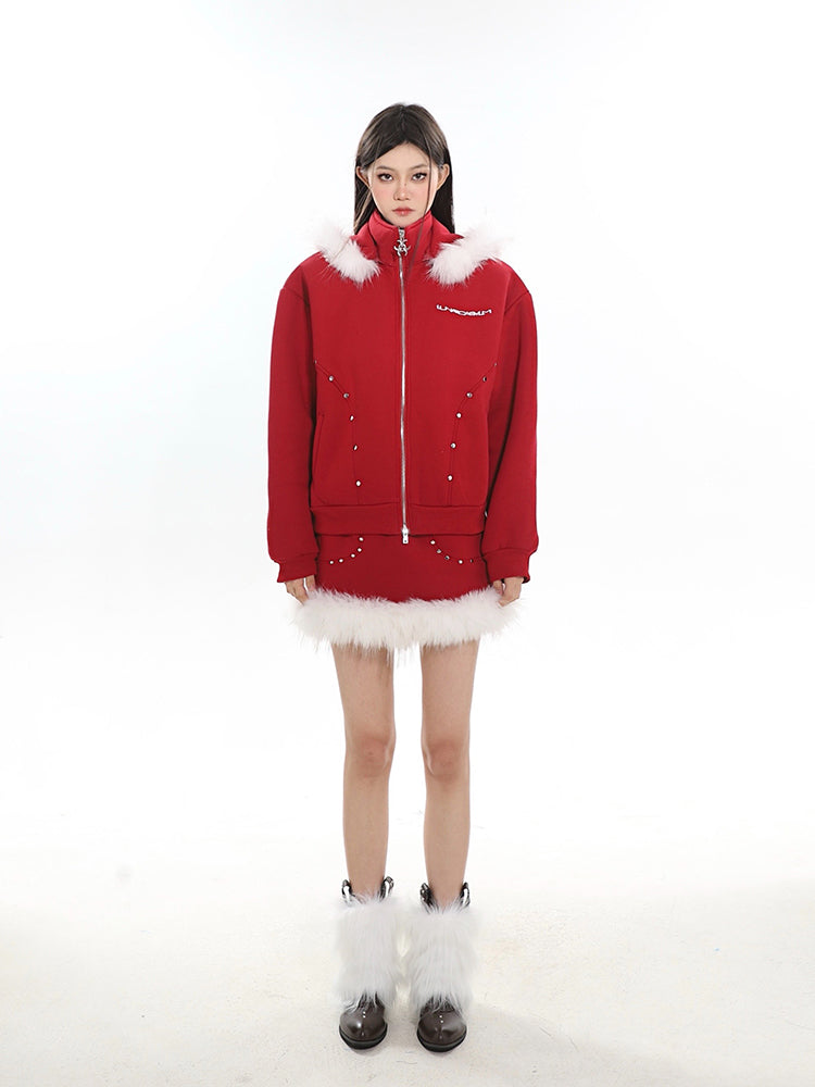 【23s December.】Christmas Fur Collar Hooded Sweatshirt+Skirt Suit