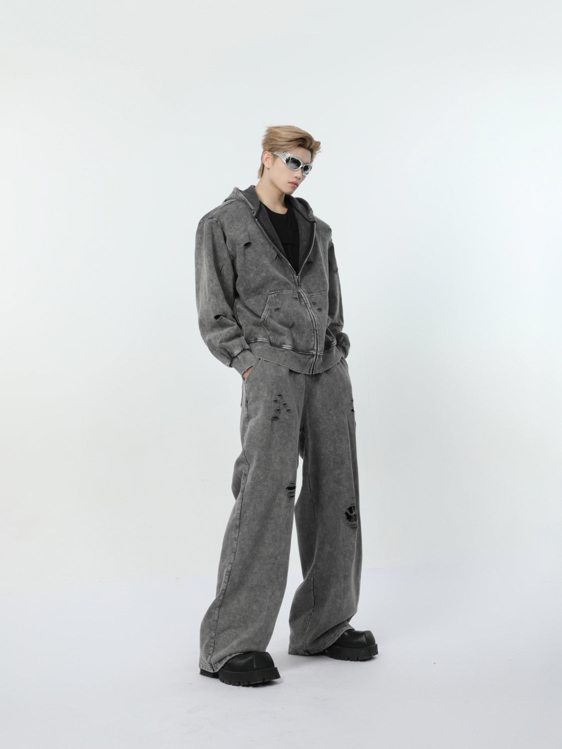 【24s March.】Destroyed Washed Distressed Hooded Cardigan Baggy Pants Suit