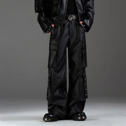 【24s Nov.】Belt-stitched Multi-pocket Leather Cargo Pants