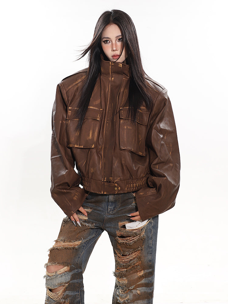 【23s December.】Rubbed vintage stand collar leather jacket