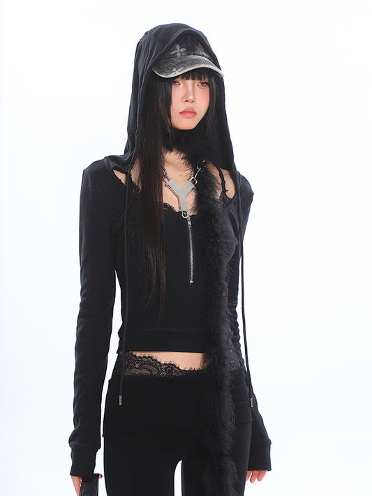 【24s Nov.】Dark Niche Hooded High Elastic Lace Top + Flared Trousers ArtsKoreanMan