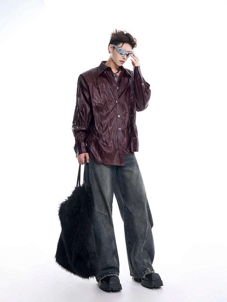 【24s Oct.】Niche Design Textured Patent Leather Metal Button Shirt ArtsKoreanMan