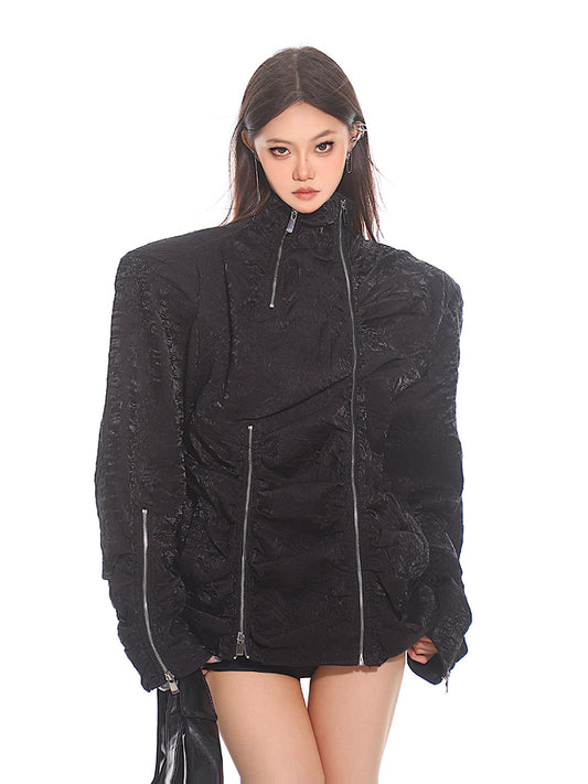 【24s Sep.】Loose Fit Double Zipper Textured Pleated Shoulder Jacket