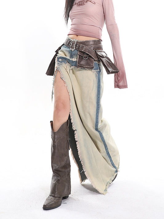 【24s April.】Distressed Raw Edge Gradient Denim Skirt