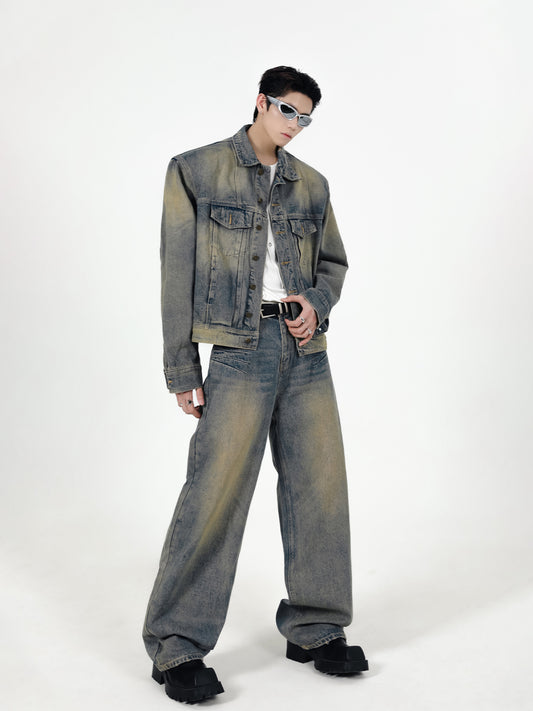 【24s Sep.】Retro Simple Padded Shoulder Denim Jacket Suit ArtsKoreanMan