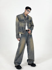 【24s Sep.】Retro Simple Padded Shoulder Denim Jacket Suit ArtsKoreanMan