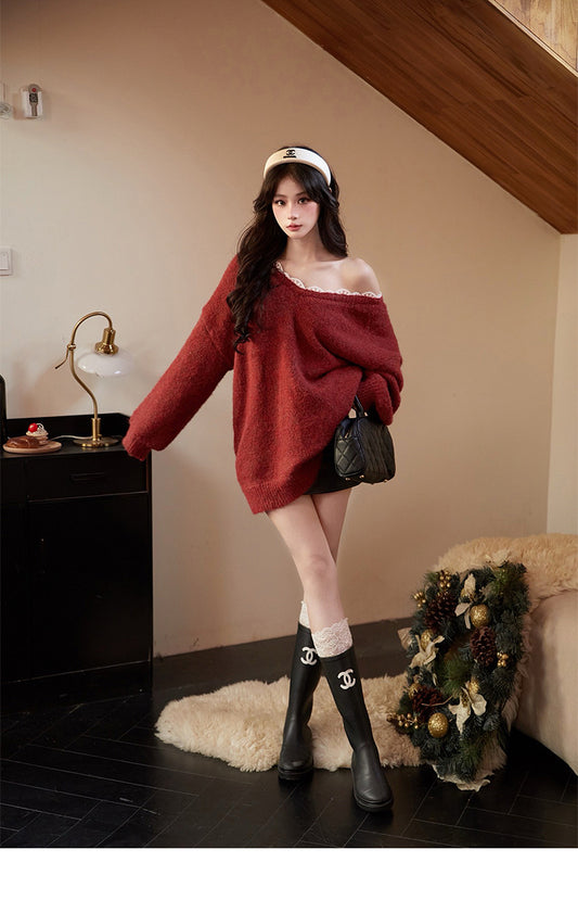 【24s Dec.】Bow Lace Loose Backless Sweater