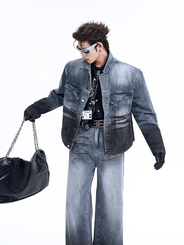 【24s Oct.】Black and Blue Gradient Retro Denim Jacket + Jeans