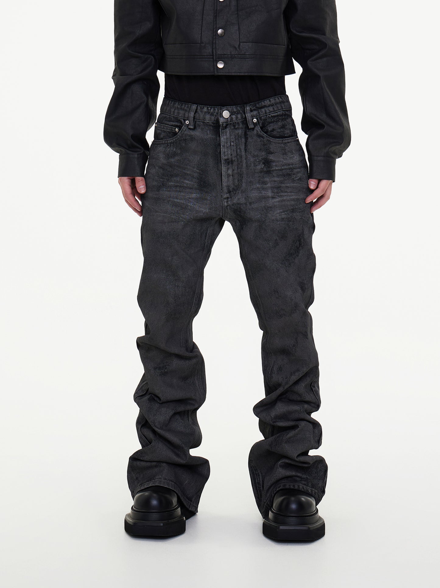 【24s May.】Hand-brushed Wax-coated Slim-fit Stacked Jeans