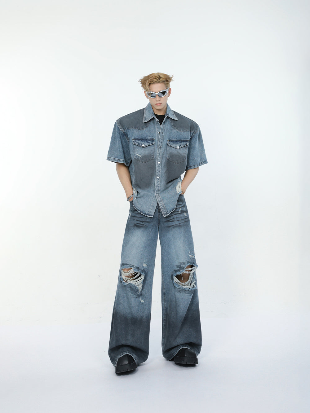 【24s June.】Vintage Dirty Dyed Hole Deconstructed Shirt + Jeans ArtsKoreanMan