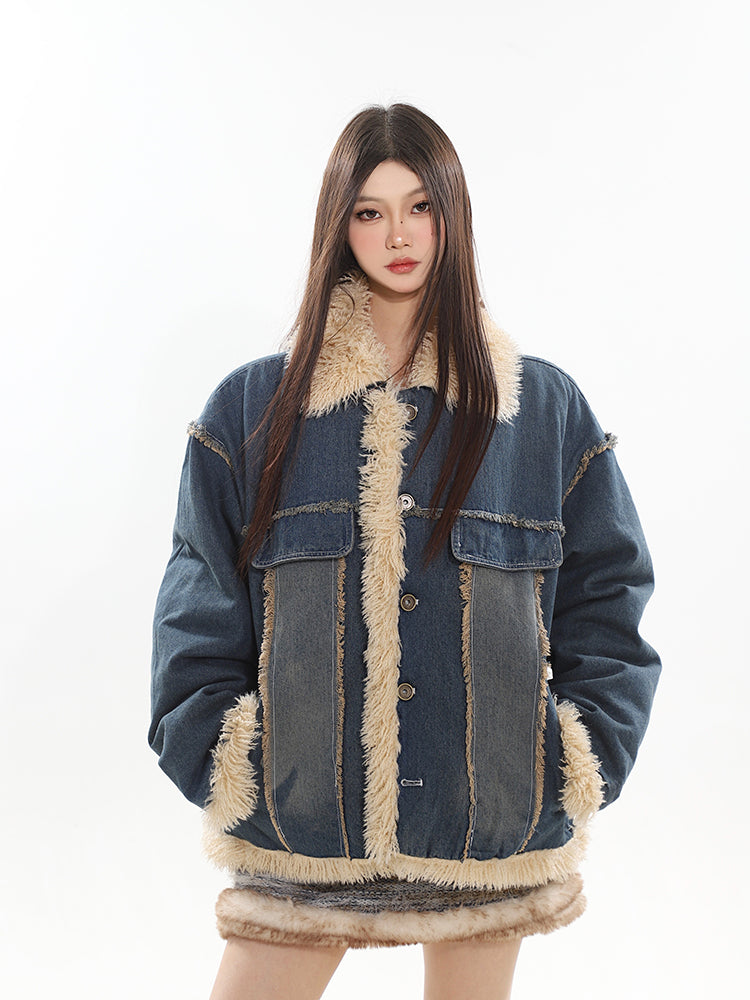 【23s November.】Contrast Color Denim Retro Jacket with Fur Collar ArtsKoreanMan