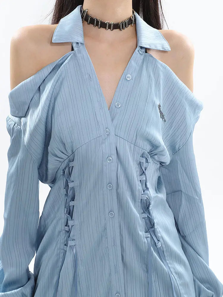 Effortless Elegance Pleated Off Shoulder Long Shirt ArtsKoreanMan