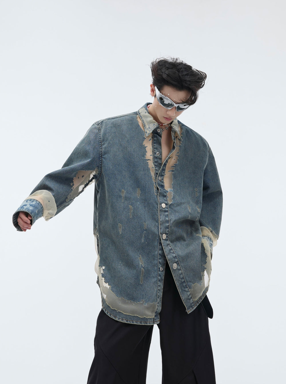 【24s April.】Mesh Hollow Design Denim Shirt ArtsKoreanMan