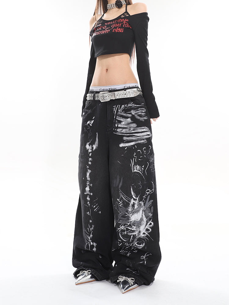 【24s April.】Hand-painted Distressed Graffiti Baggy Jeans