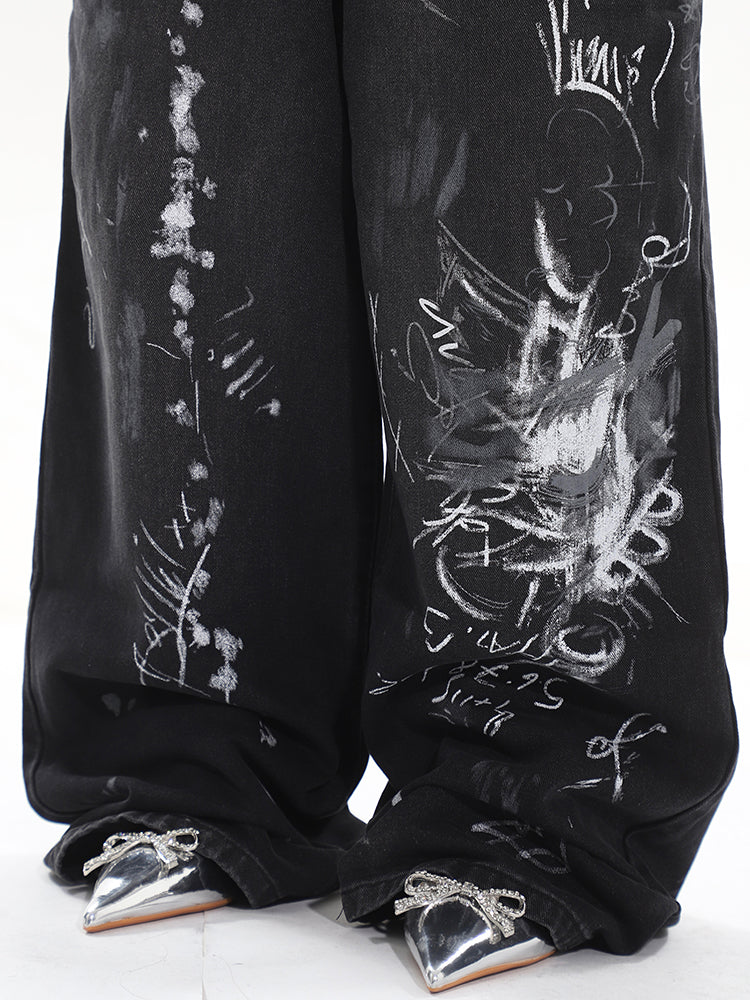 【24s April.】Hand-painted Distressed Graffiti Baggy Jeans ArtsKoreanMan