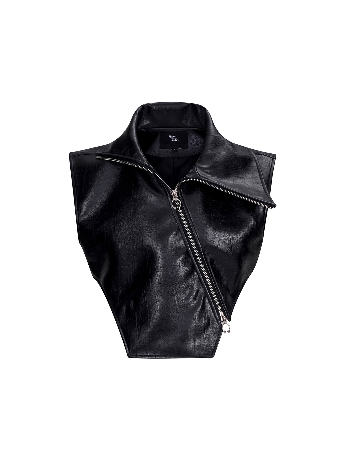 【25s Sep.】High Collar Oblique Zipper PU Leather Vest