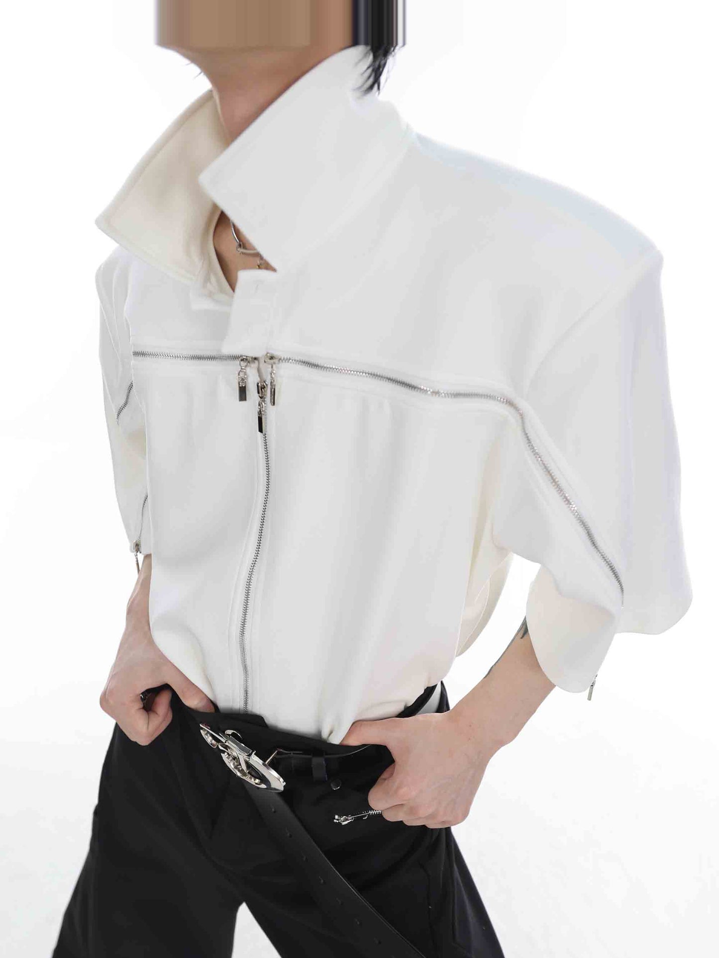 【23s Apr.】Zip Shoulder Pad Lapel Collar Shirt