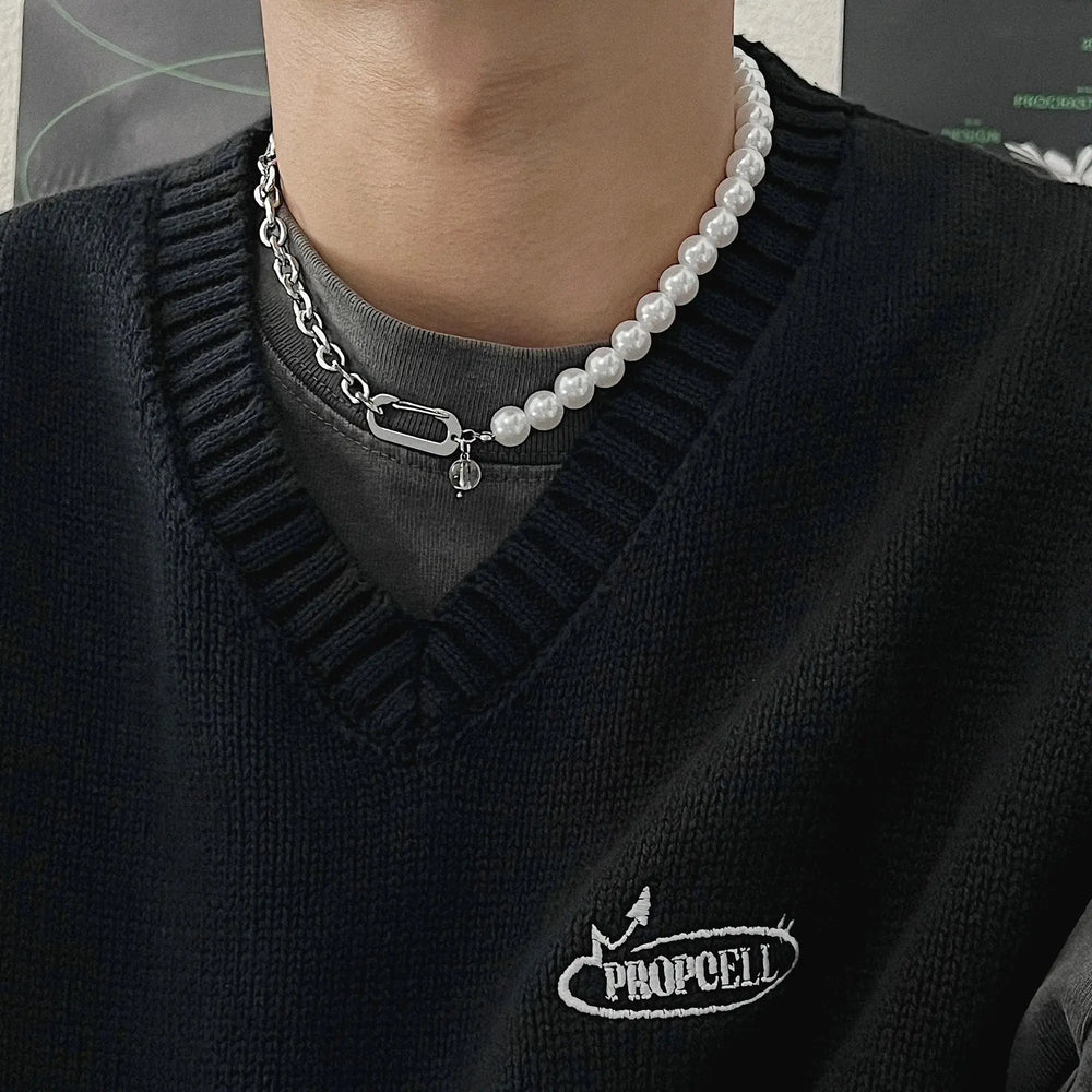 Pearl Stitching Titanium Steel Chain Necklace ArtsKoreanMan