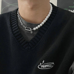 Pearl Stitching Titanium Steel Chain Necklace ArtsKoreanMan