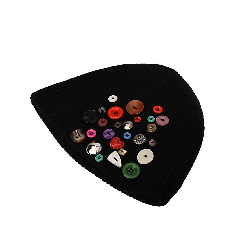 Multicolored Button Knit Beanie