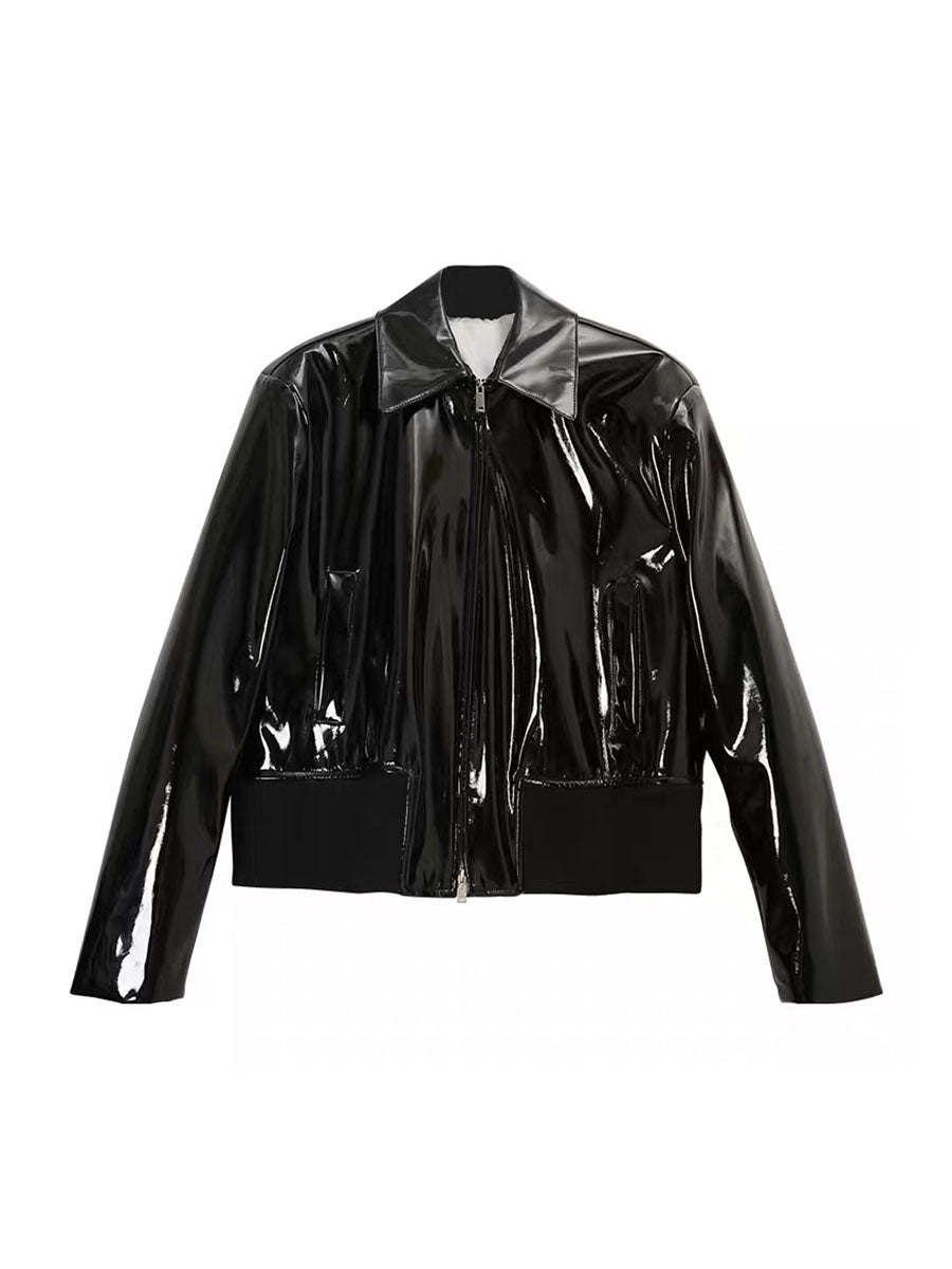 CHICTRY Womens Lapel Patent Leather Jacket Motorcycle Costume Wet Look Long  Sleeve Cropped Coat Black 3XL - Walmart.com